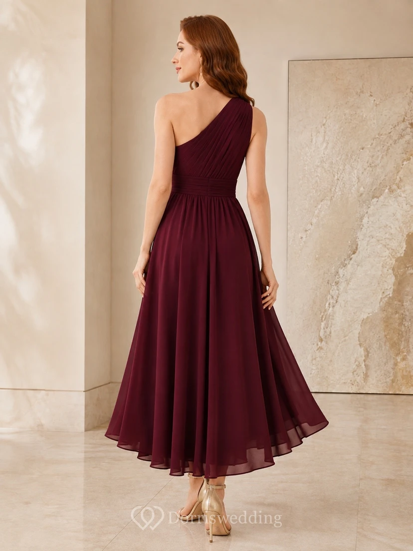 Elegant Burgundy One-Shoulder Sleeveless Tulle A-Line Asymmetrical Dress view 2