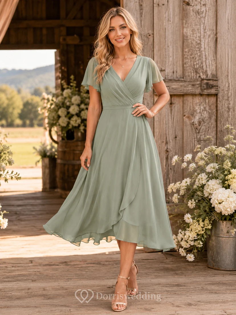 Barn Sage V-Neck Chiffon A-Line Tea-Length Flutter Sleeve Wedding Guest Dress