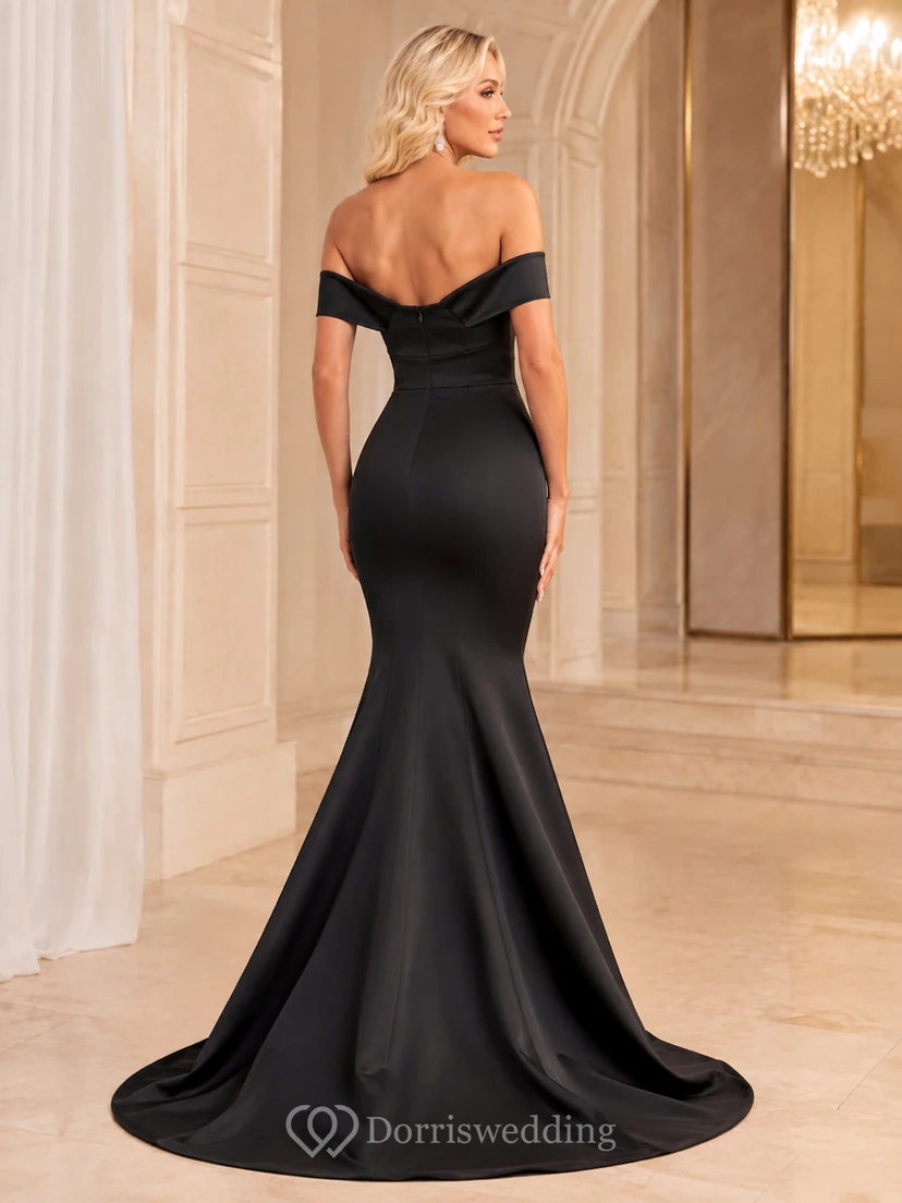 Vestido largo de sirena negro con escote corazón, mangas cortas y plisado de satén, estilo sirena, con cola larga. view 2