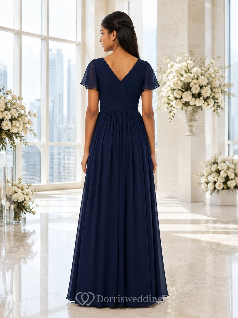 Dark Navy Junior Bridesmaid Dress A-Line V-neck Short Petal Sleeve Pleated Detail Modern view 2