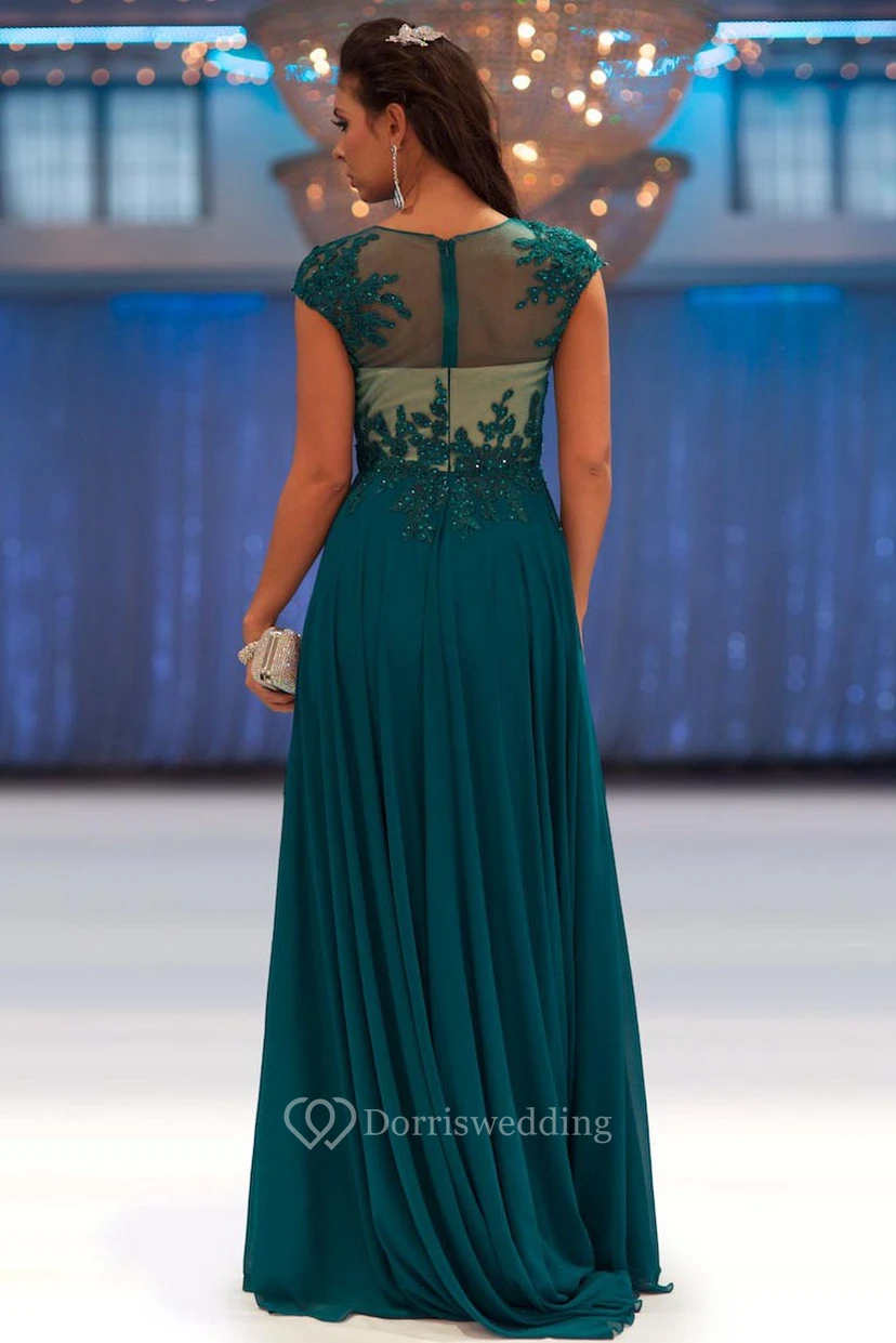 A-Line Beaded Long Cap-Sleeve Jewel-Neck Chiffon Prom Dress With Appliques And Pleats view 2