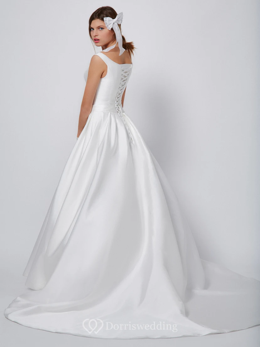 A-Line Long Scoop-Neck Sleeveless Satin Simple Wedding Dress view 2