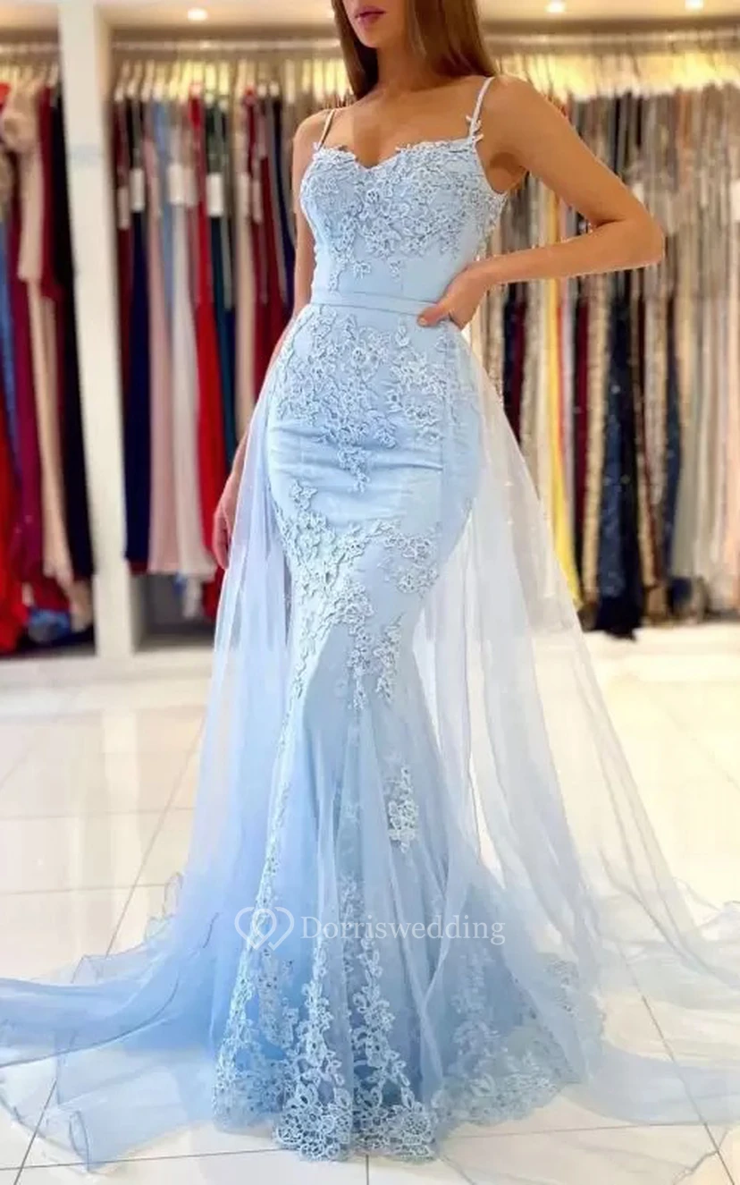 Ätherisches Meerjungfrauen-Spitzenkleid mit Spaghettiträgern, bodenlang, ärmellos und mit abnehmbarem Rock