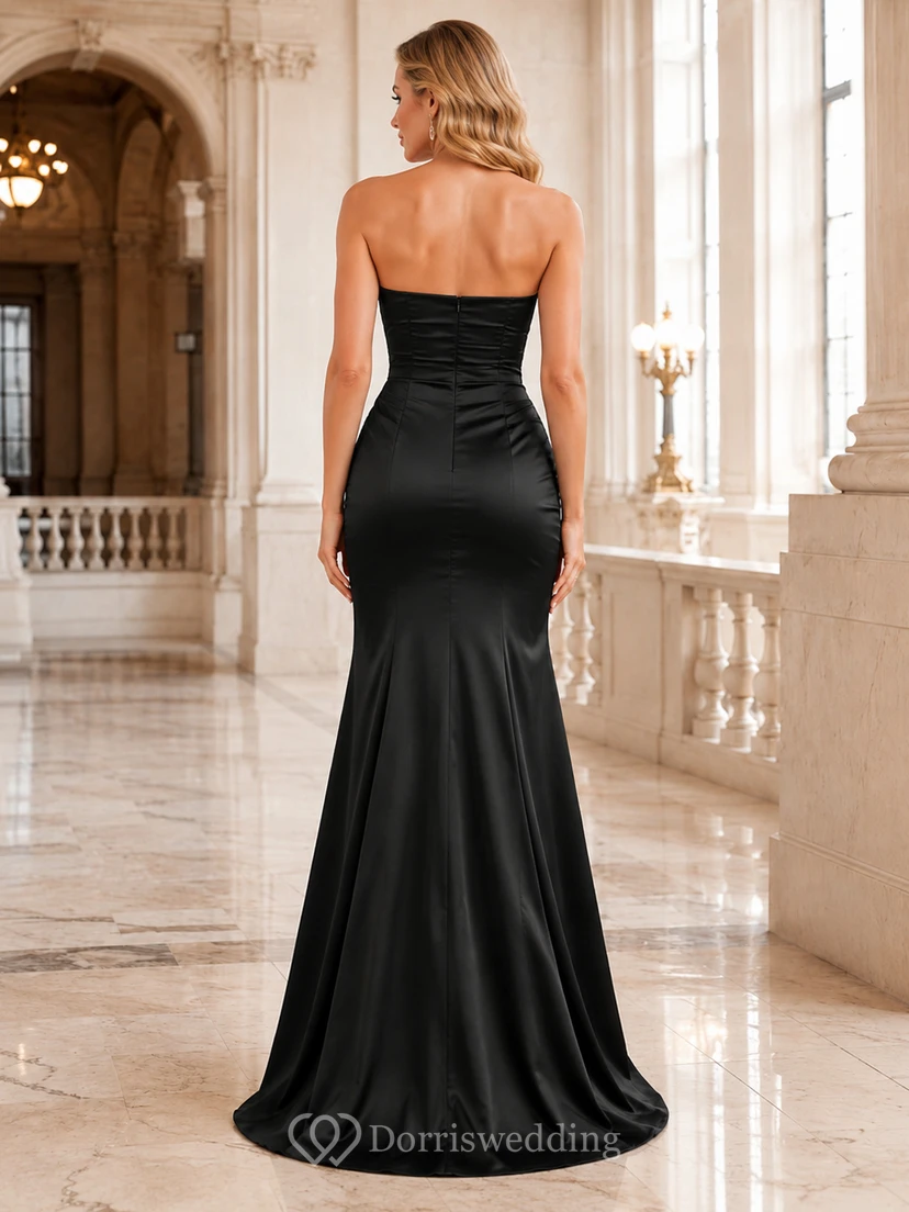 Black satin strapless slit mermaid city formal gown view 2