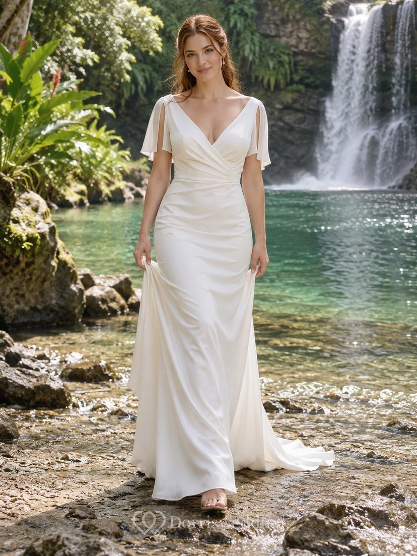 Schlichtes Brautkleid mit V-Ausschnitt, kurzen Ärmeln, drapiertem Etuikleid und Schleppe