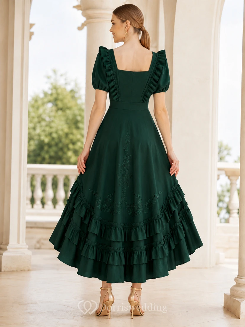 Country-Kleid in Dunkelgrün, A-Linie, asymmetrischer Schnitt, eckige Puffärmel und Rüschen view 2