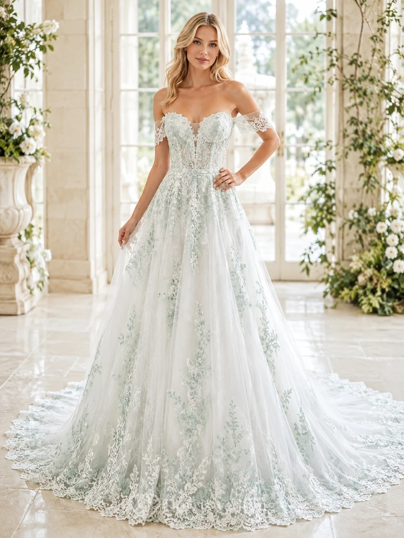 Celadon Botanical Brautkleid in A-Linie, schulterfrei, kurze Ärmel, Kathedralenschleppe, romantisch-elegant