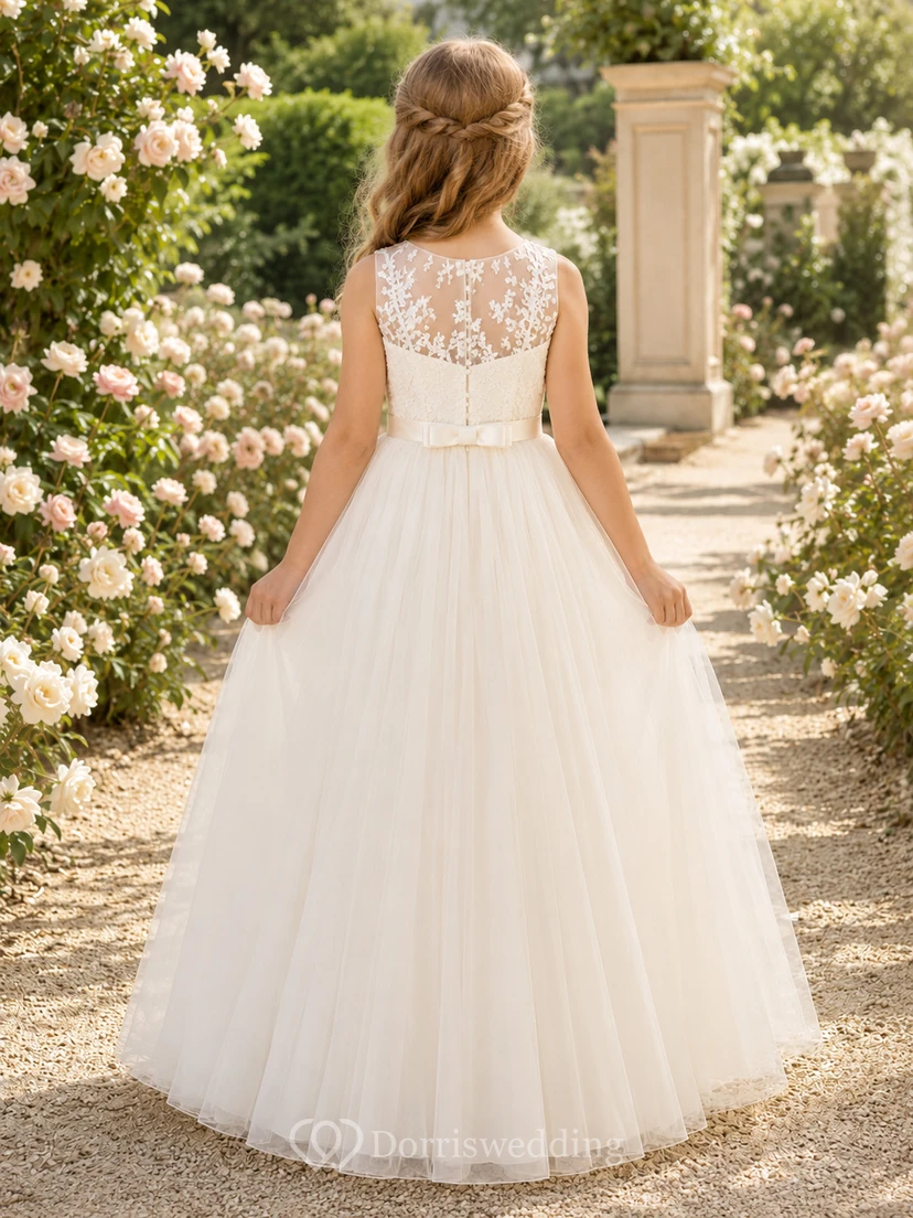 Lace Bodice Tulle A-Line Flower Girl Dress with Short Sleeves, Jewel Neck and Tea-Length Skirt view 2