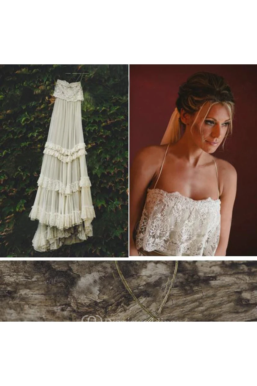 Spaghetti A-Line Sexy Sleeveless Floor-Length Tiers Lace Backless Beach Boho Wedding Dress view 4