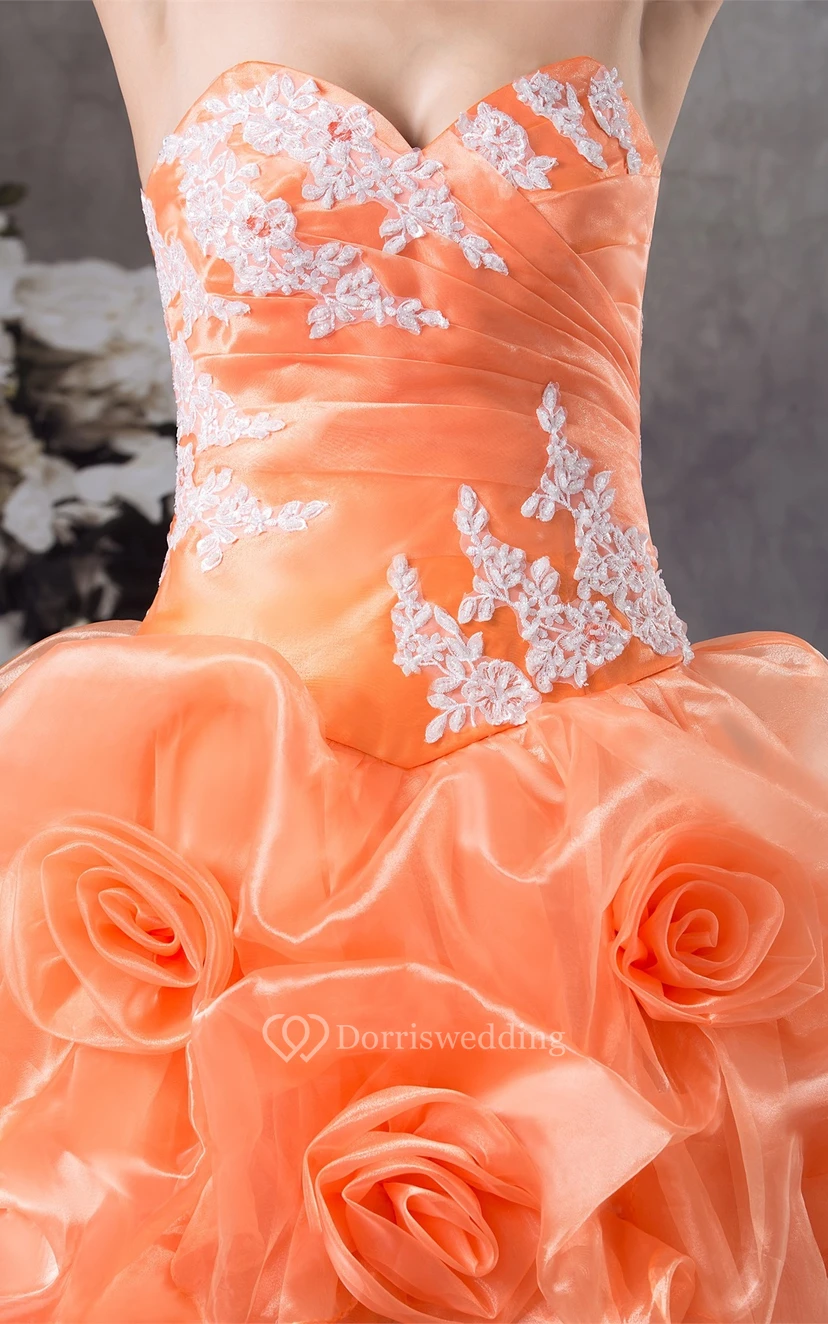 Sweetheart Ruffled Appliques and Ball-Gown With Flower view 7