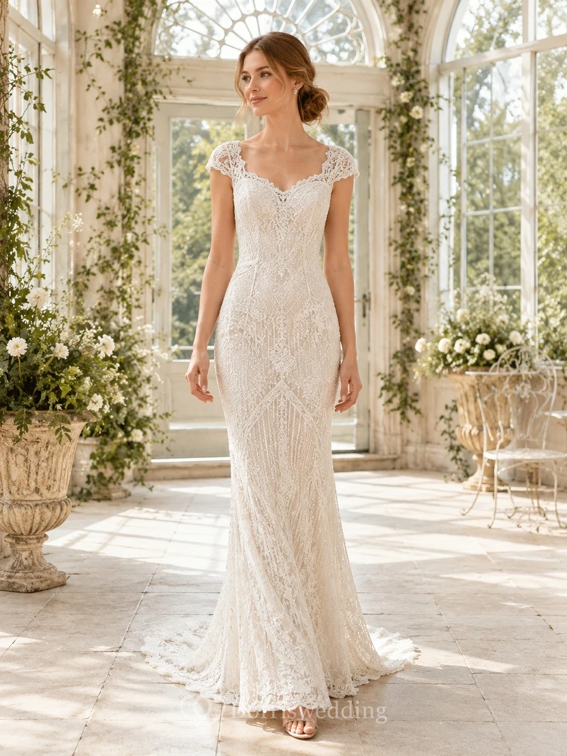 Meerjungfrauen-Brautkleid mit floralem Muster, kurzen Ärmeln, V-Ausschnitt, Spitze und Schleppe