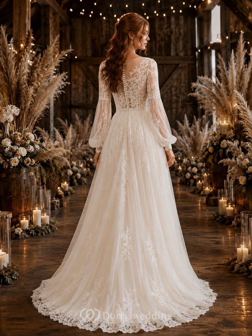Long Sleeve Lace Rustic Barn Train Bridal Gown view 2