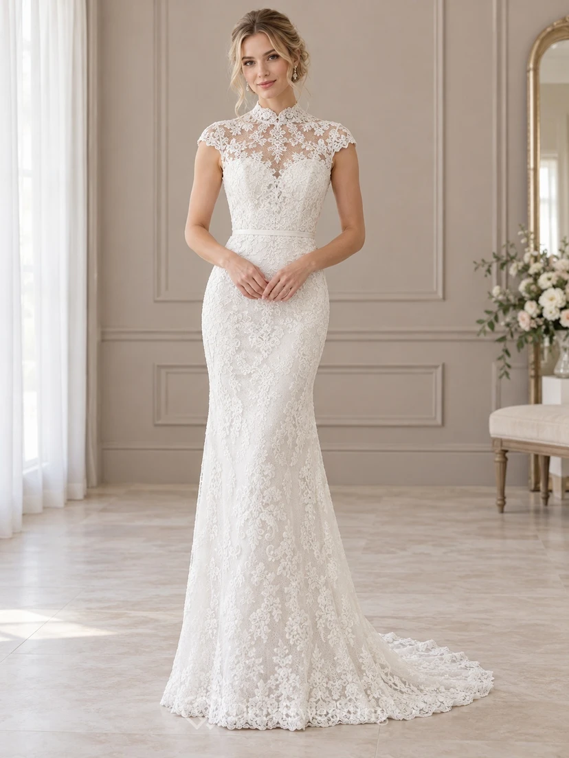 Sheath High Neck Cap Sleeve Scalloped Lace Wedding Dress