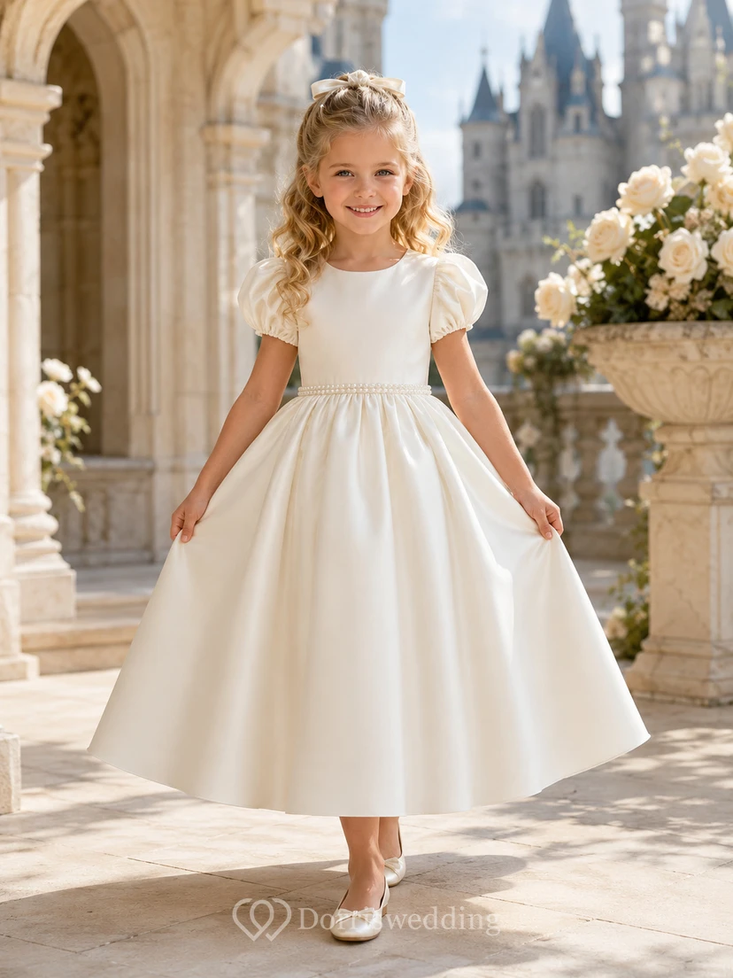 Robe de demoiselle d'honneur élégante en satin, coupe trapèze, manches bouffantes, longueur thé, style princesse, manches bouffantes.