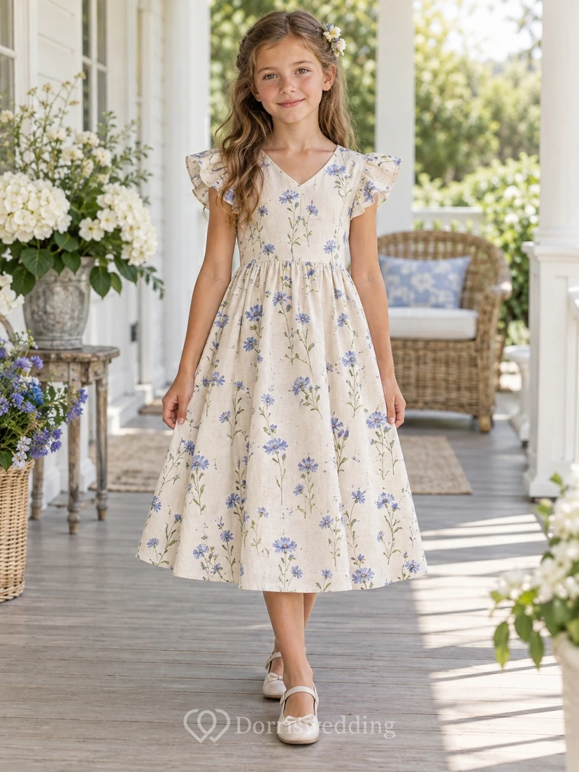 Country Tea-length Cream Floral V-neck Flutter Sleeve Linen Flower Girl Dress