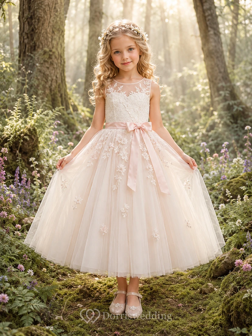 Blumenmädchenkleid aus perlmuttrosa Spitze und Tüll, A-Linie, Rundhalsausschnitt, Teelänge, Schleifendetail, Applikation