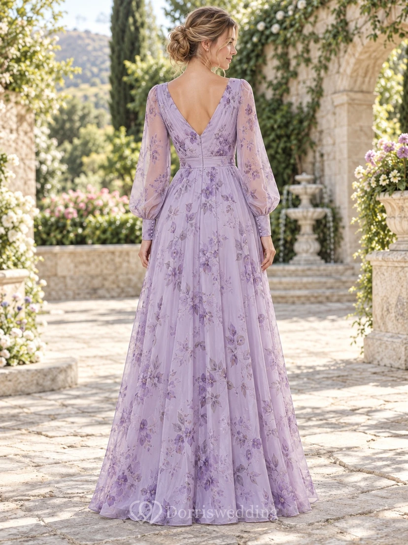 Vestido de dama de honor de gasa de corte A, largo hasta el suelo, con cuello en V y estampado floral lavanda. view 2