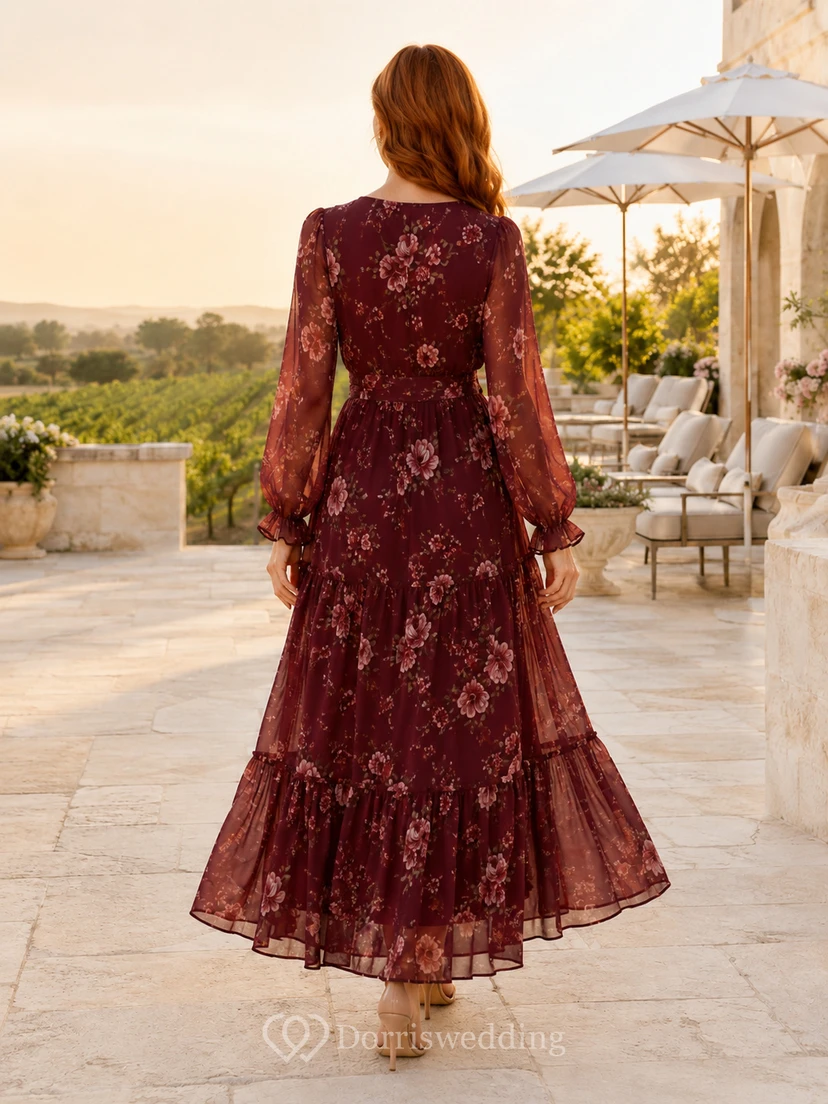 Burgundy Winery Garden Wedding Guest Bridesmaid Cocktail Formal Dress A-Line Tea-Length V-Neck Long Sleeve Chiffon Floral Print Ruffle Trim Tiered Skirt Zipper Back view 2