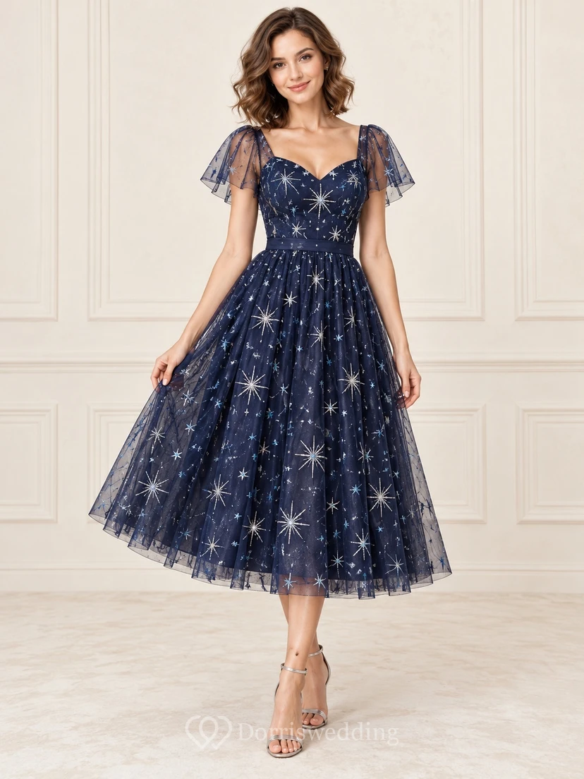 Dark Navy Sweetheart Star Embroidered Flutter Sleeve Cocktail Dress