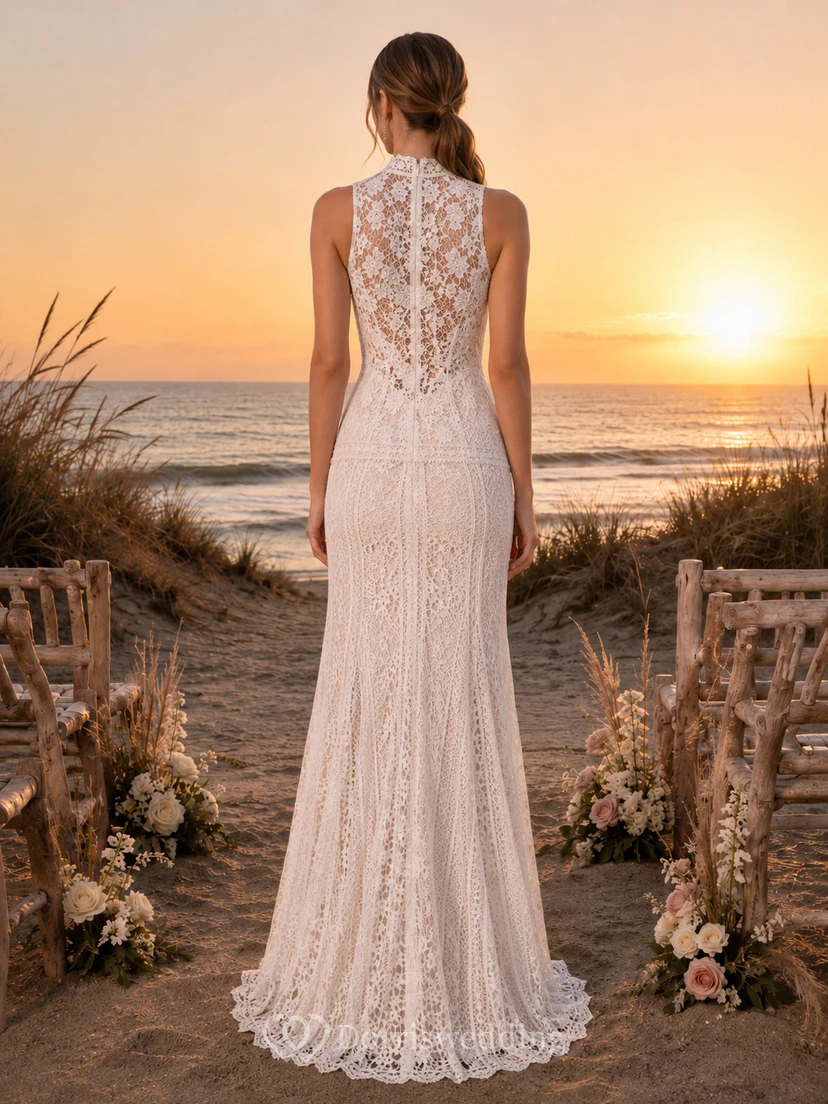 robe de mariée fourreau en dentelle sans manches à col montant pour renouvellement de vœux view 2