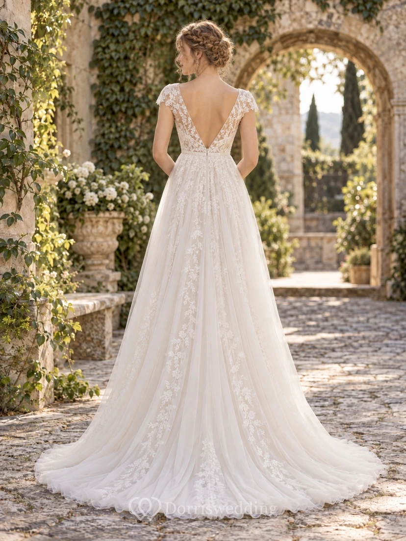 Empire V-neck Cap Sleeve Floral Tulle Train Wedding Dress view 2
