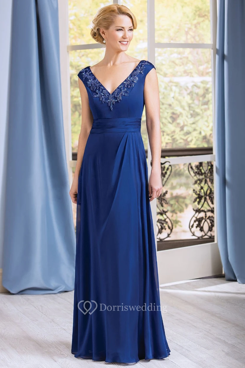 Cap-Sleeved V-Neck A-Line Gown With Appliqued Neckline