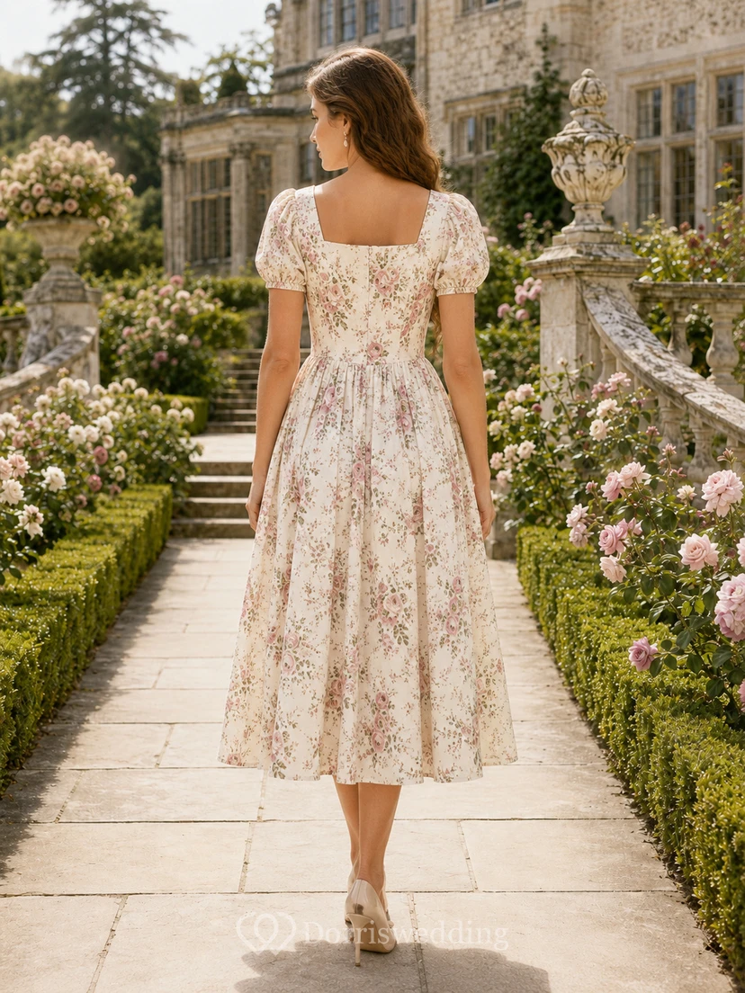 Cream Floral Square Neck Cap Sleeve Country Tea Dress view 2