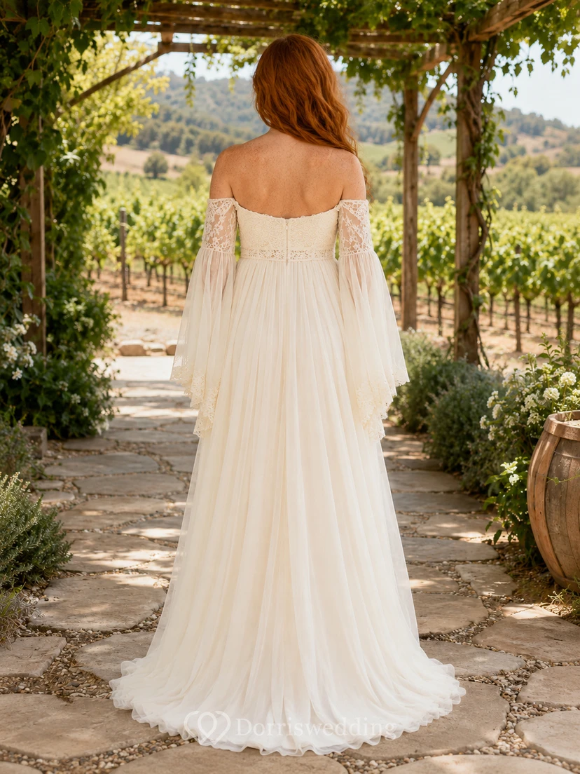 Maternity Wedding Dress Off Shoulder A-Line Tulle Gown with Lace Sleeve Detail and Garden Train view 2