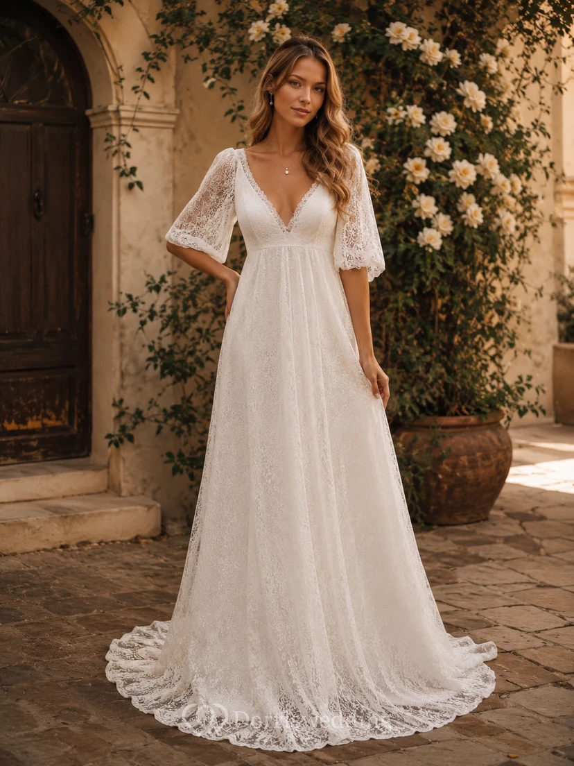 Half-sleeve V-neck Lace Boho Country Empire Wedding Dress view 2