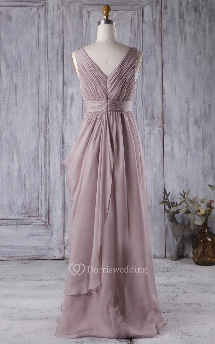 V Neck V Back Draped Empire Chiffon Long Dress With Beading view 4