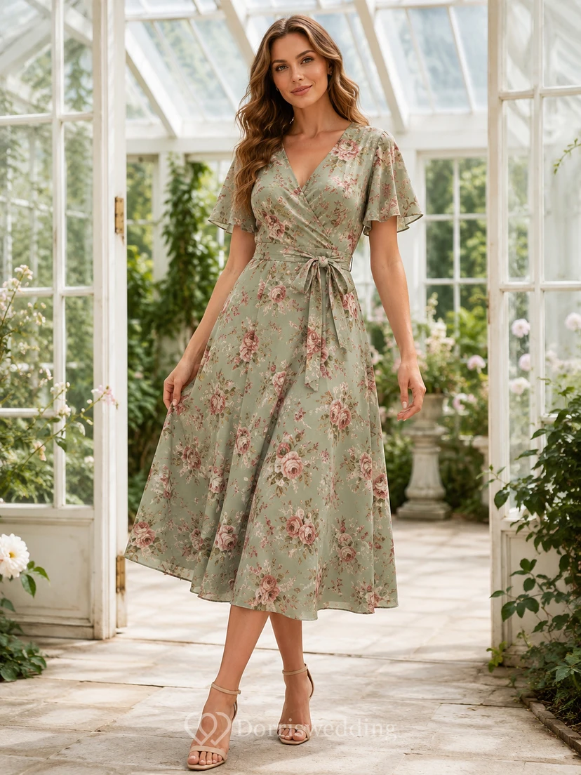 Vestido cruzado con escote en V y estampado de rosas color salvia, largo hasta la rodilla.