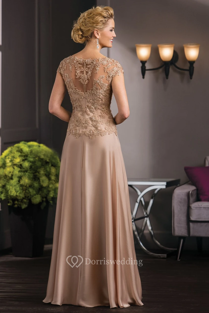 Cap-Sleeved V-Neck A-Line Mother Of The Bride Dress With Appliques And Illusion Back view 2