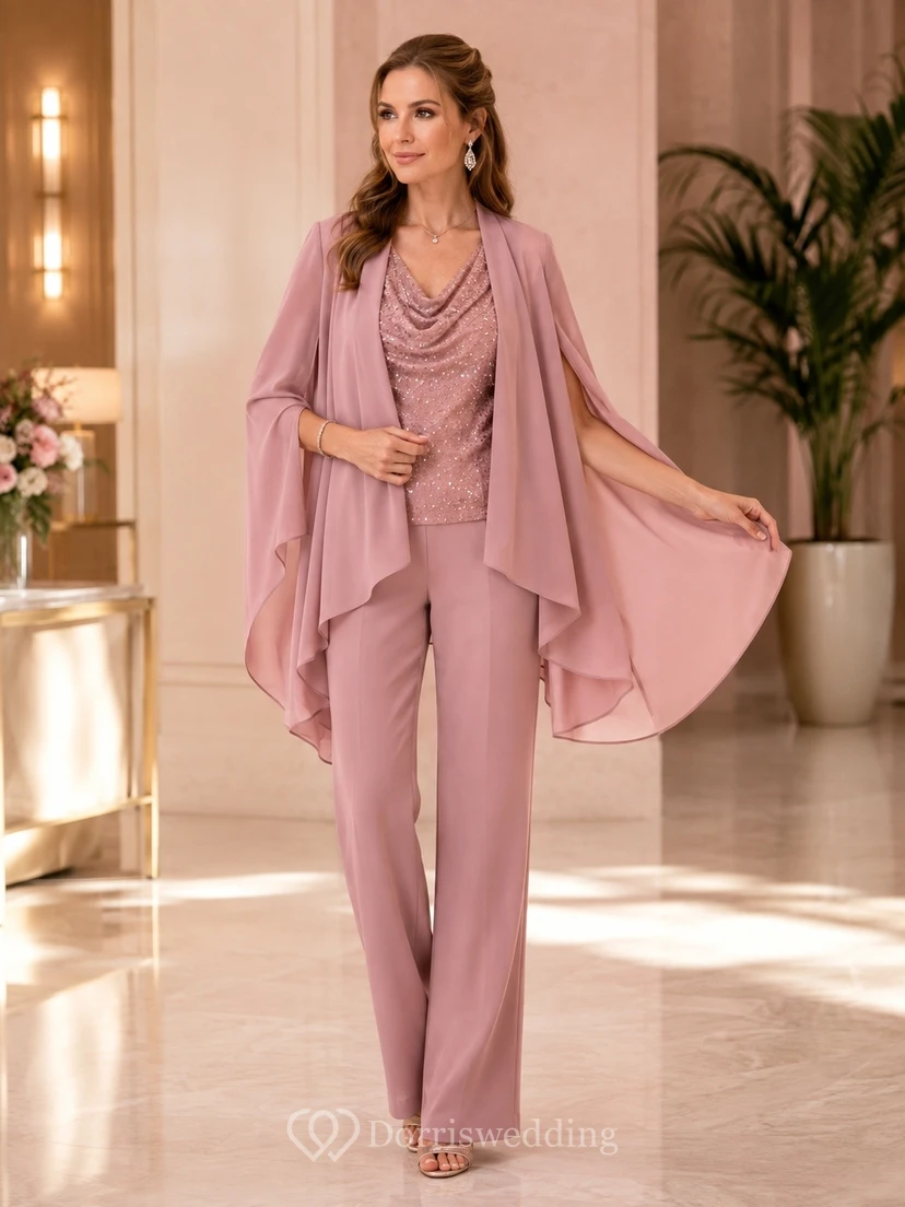 Mauve Elegant Cowl Chiffon Three-Quarter-Sleeve Two-Piece Mother Dress