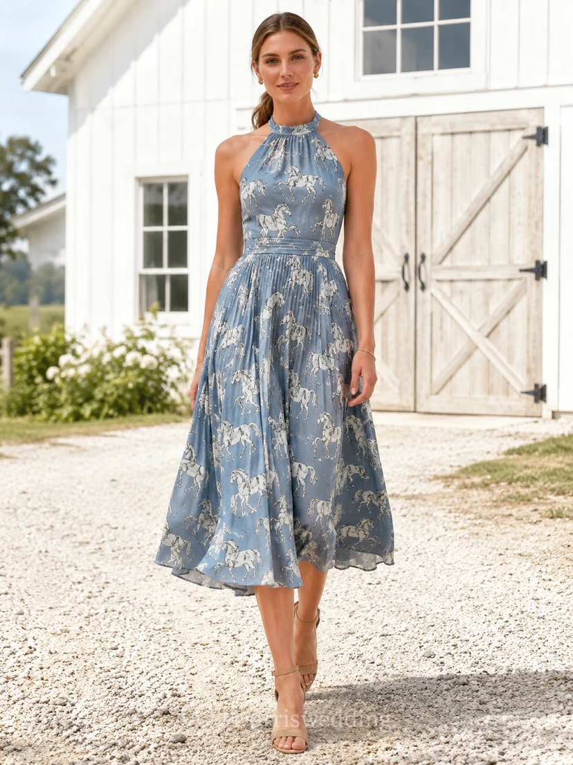 Vestido midi de corte A sin mangas con escote halter y estampado de caballos azules, estilo campestre.