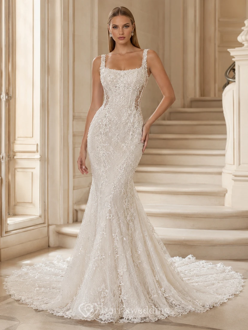 Robe de mariée sirène vintage en dentelle, bretelles carrées, sans manches, traîne chapelle, applications florales, style jardin