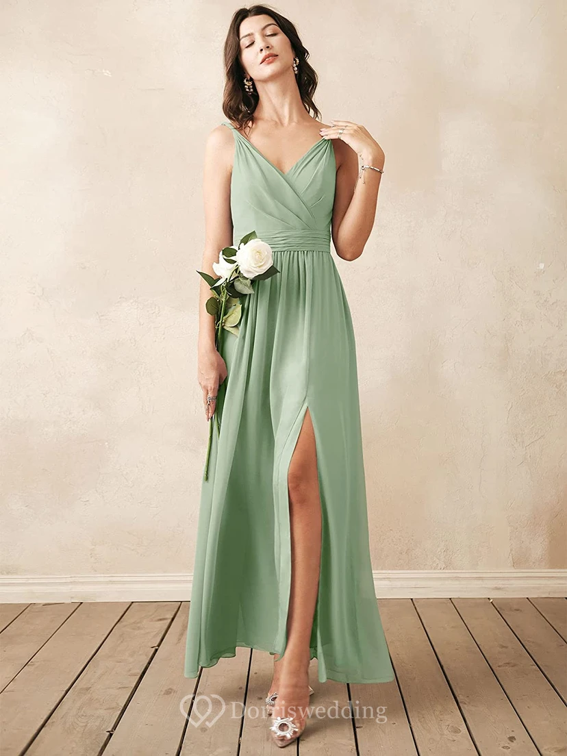 Romantic V-neck A Line Sleeveless Ankle-length Chiffon Bridesmaid Dress With Ruching view 9
