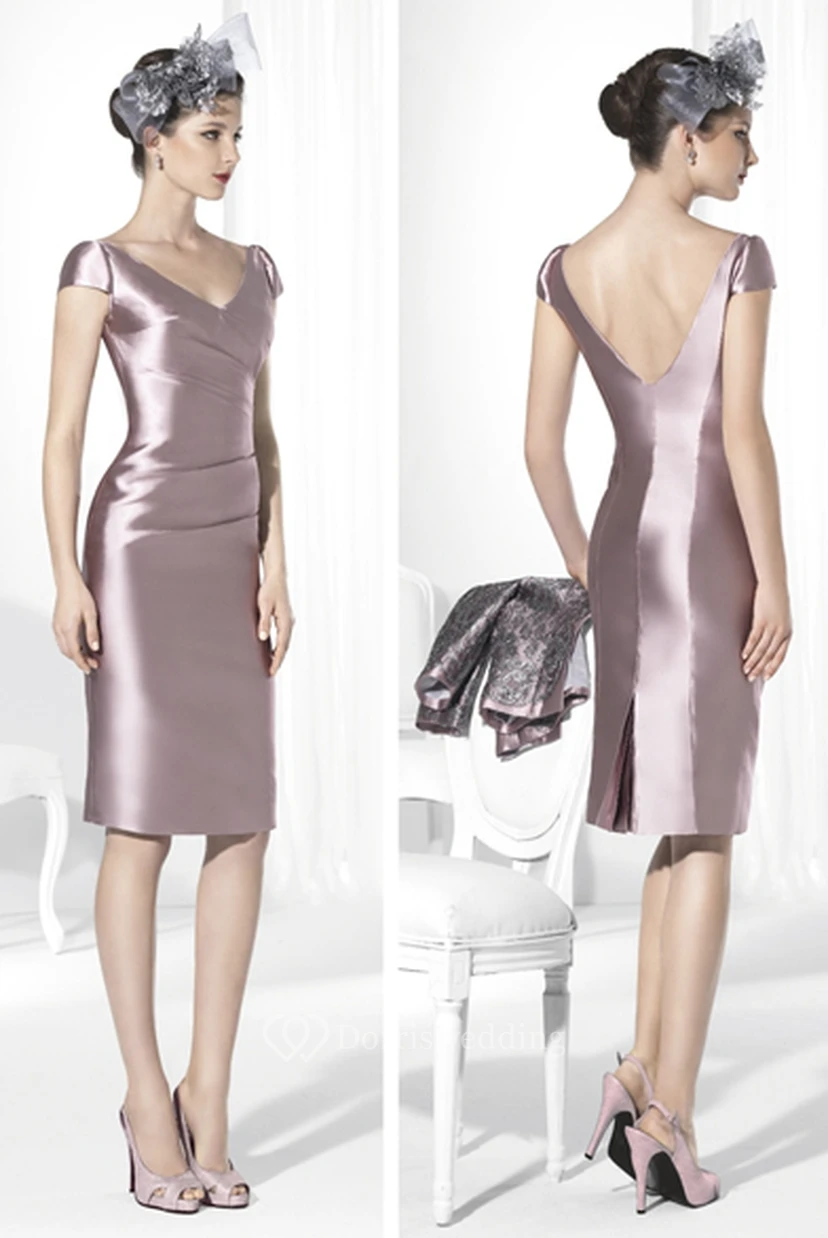 3-4-Sleeve Jacket Knee-Length Satin Prom Dress With Appliques And Split Back view 2
