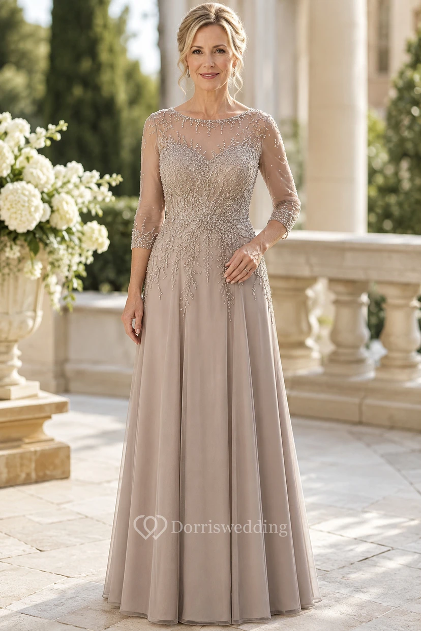 Taupe Chiffon A-Line Mother Dress With Lace Long Sleeves