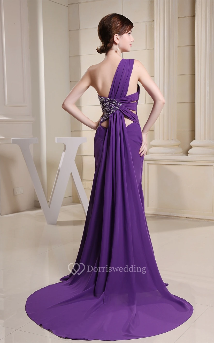 One-Shoulder Long Front-Split Side Beading and Dress With Ruching view 5