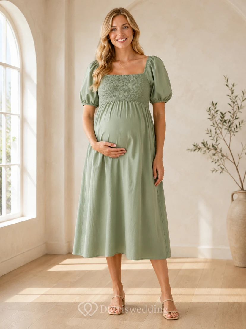 celadon Maternity Square Neck Puff Sleeve Empire Tea Length Garden Dress