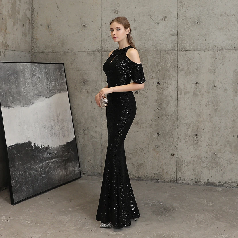 Banquet Temperament Elegant Long Short-Sleeved Sequin Aura Queen Fishtail Evening Dress view 36