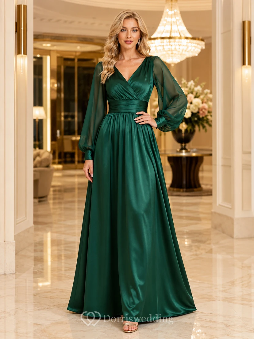 Vestido formal cruzado de satén verde oscuro con mangas obispo