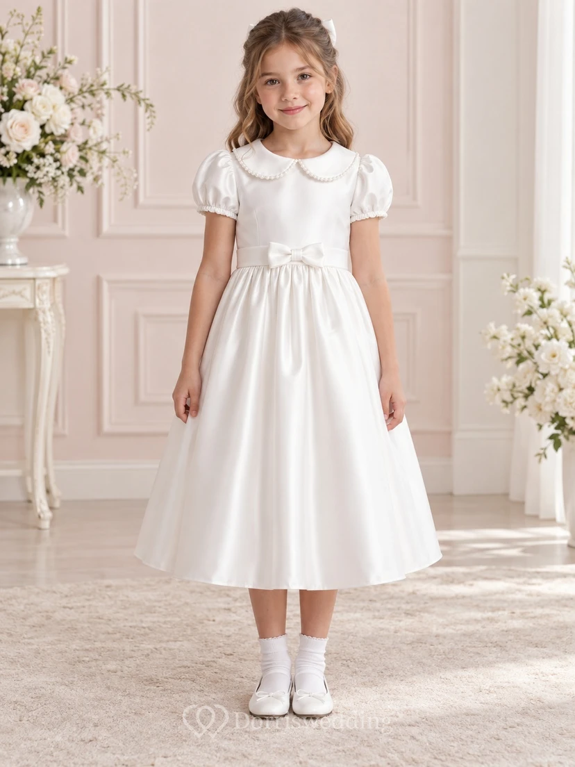 Vestido de niña de flores vintage blanco de corte A, largo hasta la rodilla, de satén, con mangas abullonadas, cuello y lazo en la espalda.