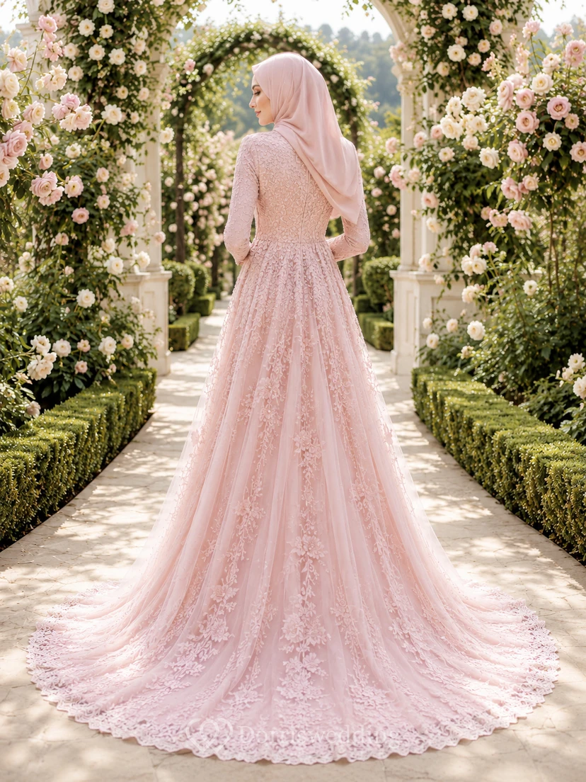 Blushing Pink Muslim Long Sleeve Lace A-Line Wedding Dress view 2