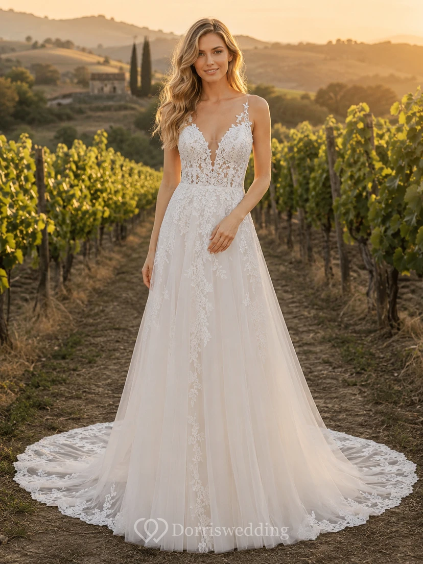 Open Back Lace A-Line Vineyard Garden Bridal Gown