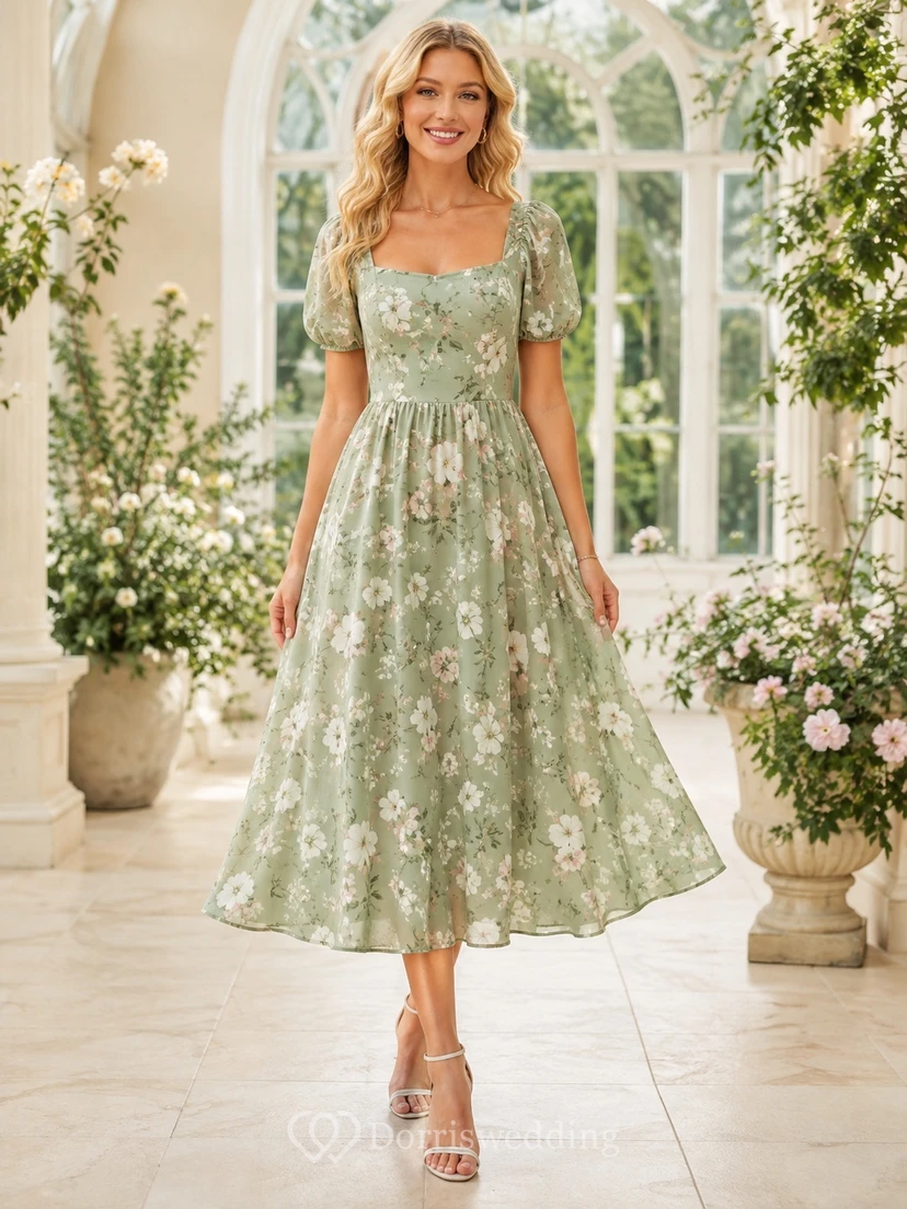 Sage Green Floral Square Neck Short Sleeve A-Line Tea-Length Garden Dress