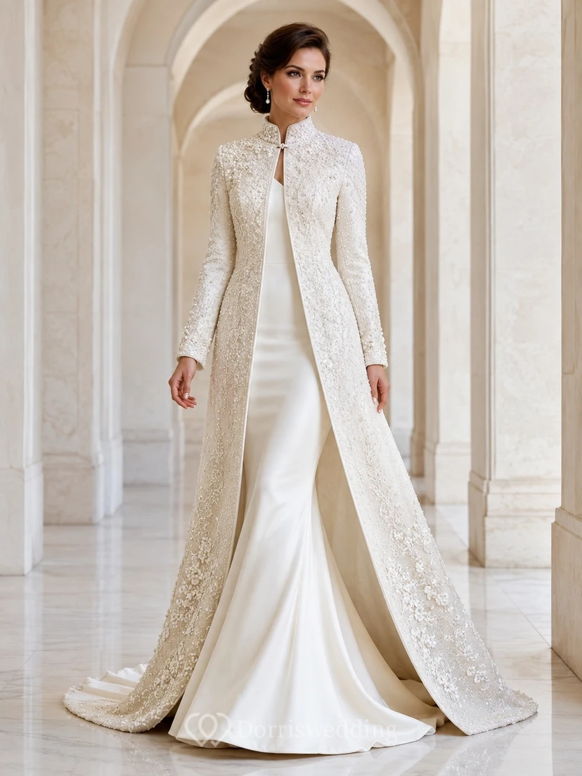 Elegantes Brautkleid mit hohem Ausschnitt aus Satin, raffiniertes Hochzeitskleid für den Ball