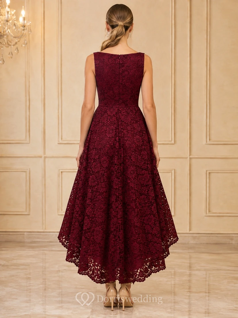Burgundy Sleeveless Lace A-Line High-Low Cocktail Formal Dress view 2