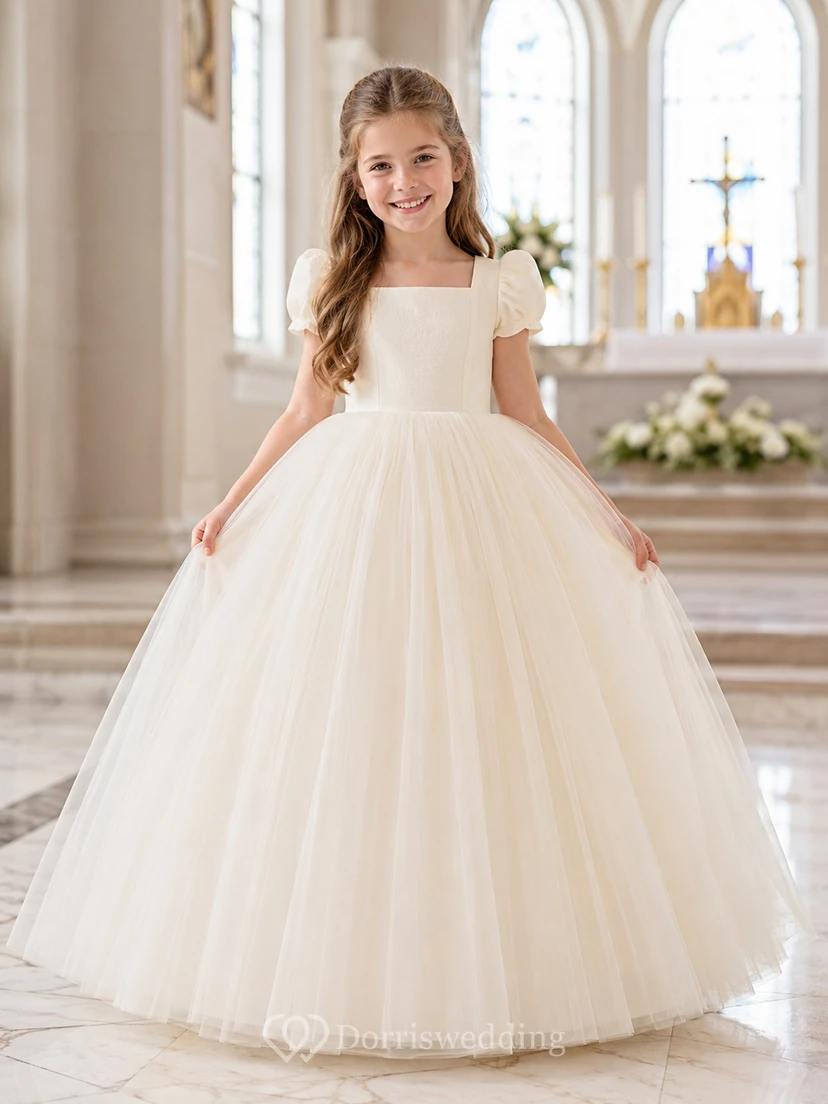 Classic Tulle with Bow A-Line Flower Girl Dress with Short Sleeves, Jewel Neck, Tea-Length Skirt and Bow Detail