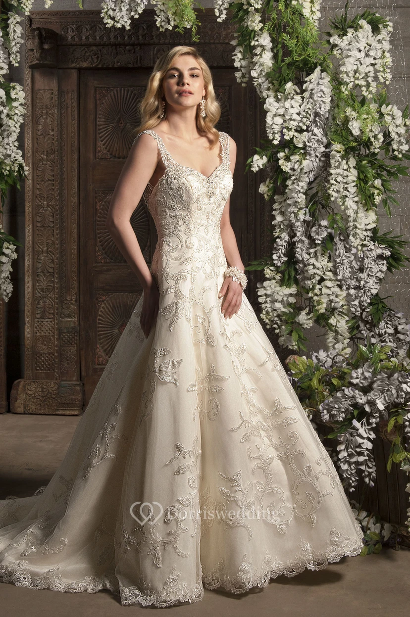 A-Line Maxi V-Neck Beaded Sleeveless Lace Wedding Dress